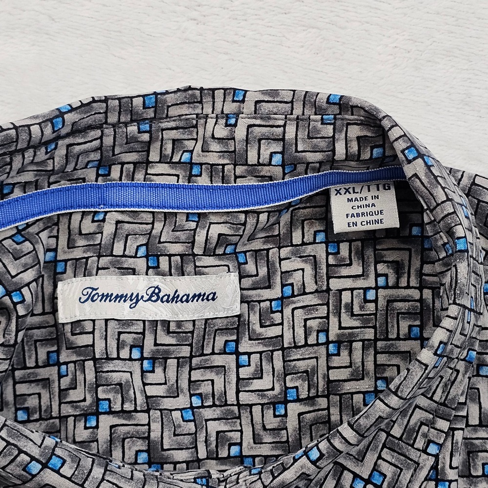 Tommy Bahama Shirt Mens XXL Grey Blue Geometric Silk Hawaiian Resortwear Beach - Picture 4 of 11